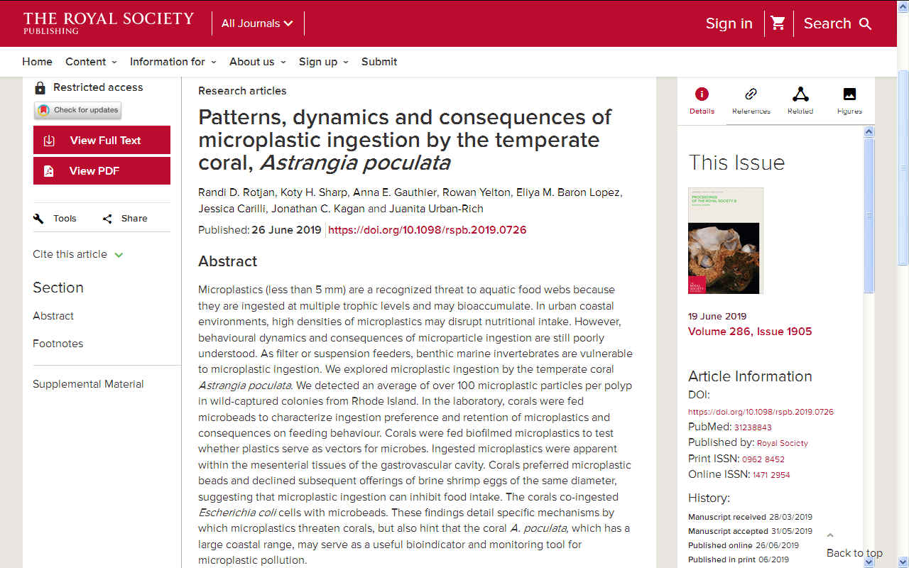 Royal Society report on corals ingesting plastics