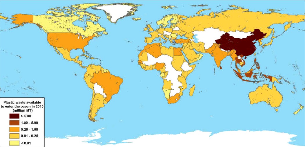 Map of the world plastic river hot spots 2015, Jambeck et all