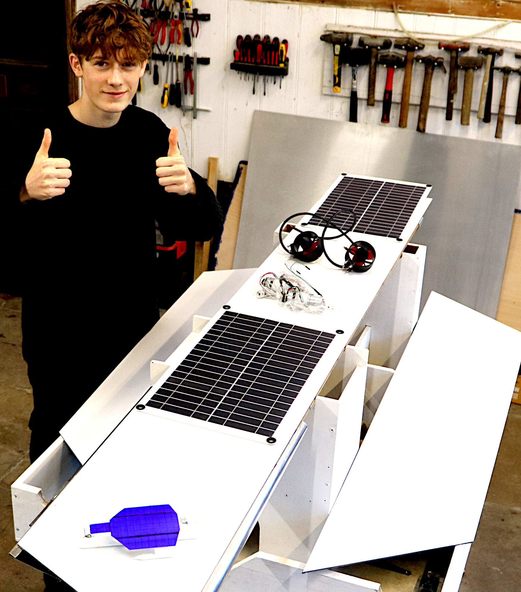 Leo in the Elizabeth Swann workshop, where construction of the large scale proof of concept hydrogen powered boat is under way.