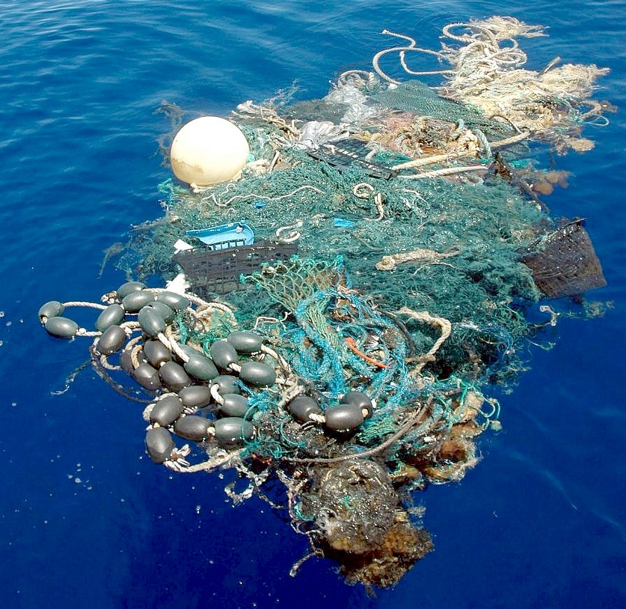 Huge ghost fishing net on the ocean